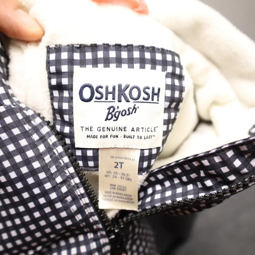 OshKosh B'gosh Jacket Toddler Girls 2T Blue Gingham Hooded Fleece Lined Raincoat